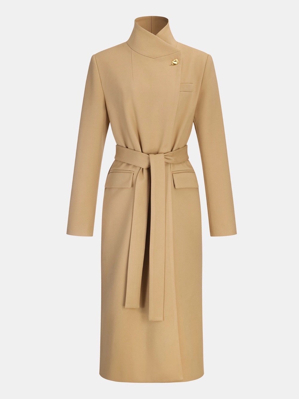 Commense Women's Camel Belted Long Coat Dress